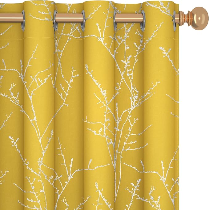 Deconovo Blackout Curtains Yellow, 52 x 84 Inch 2 Panels Set Drapes for Living Room, Modern Silver Tree Print Pattern, Thermal Insulated Soundproof Window Panel for Bedroom Office, Machine Washable by Deconovo
