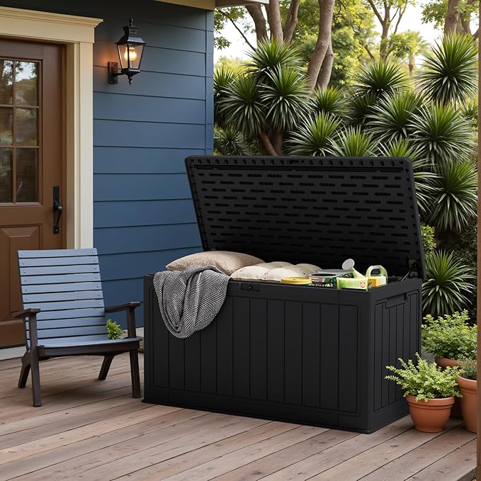 JUMMICO 160 Gallon Resin Outdoor Storage Deck Box with Divider, Waterproof Storage Box&Bench with Lockable Lid for Garden Tools, Pools Supplies (Black) - Image 7