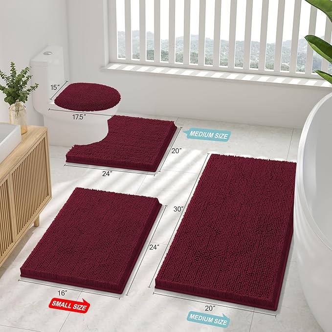 Smiry Luxury Chenille Bathroom Rugs 44x32, Extra Soft and Absorbent Shaggy Bath Mat, Machine Washable, Non-Slip Plush Carpet Runner for Tub, Shower, and Floor, Home Decor Accessories, Burgundy - Image 2