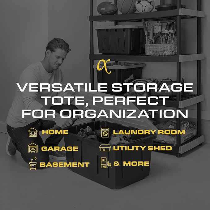 CX Black & Yellow 27-Gallon Heavy Duty Storage Bins with Lids, Stackable Plastic Storage Bins with Weather-Resistant Design, Home Organization, 4 Pack (14.3"H x 20.6"W x 30.6"D) - Image 6
