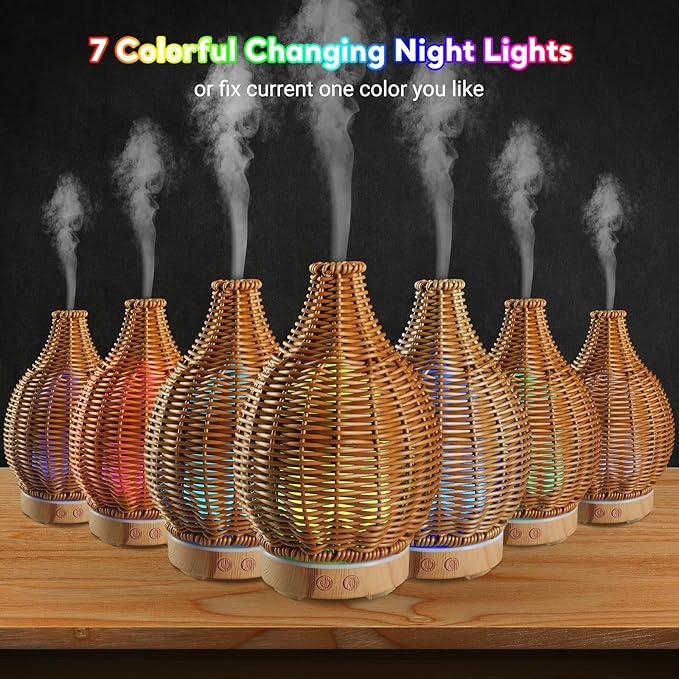 Boho Essential Oil Diffuser for Home Rattan Weaving with Remote Control, 100mL 7 Changing Color Lights Ultrasonic Aroma Humidifier, Noiseless Auto-Off Sleep Mode for Bedroom Office Workout - Image 5