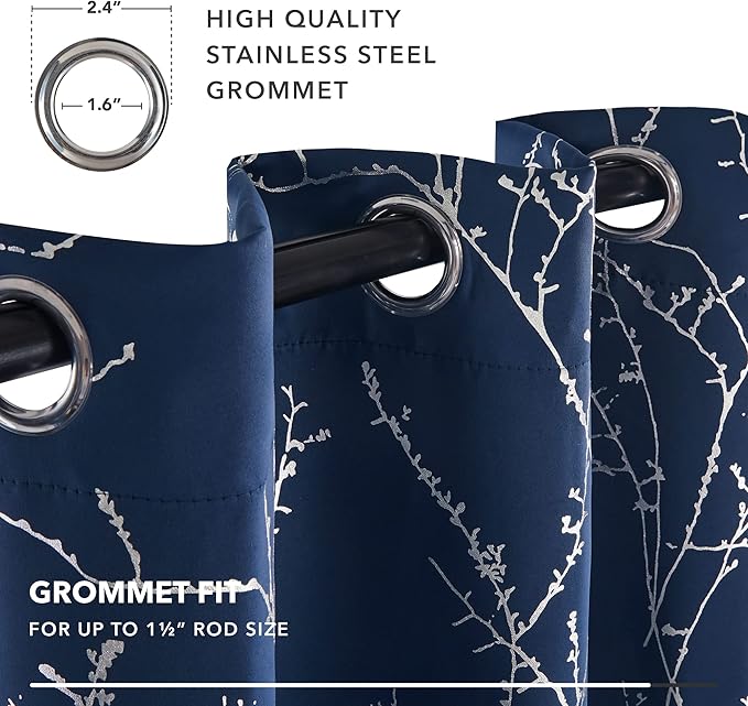 Deconovo Blackout Curtains, Navy Blue Curtain, Thermal Insulated Soundproof Drapes, Branch Silver Print, 42 x 63 Inch Long, Machine Washable Grommet Panels for Bedroom Living Room Office, Set of 2 - Image 8