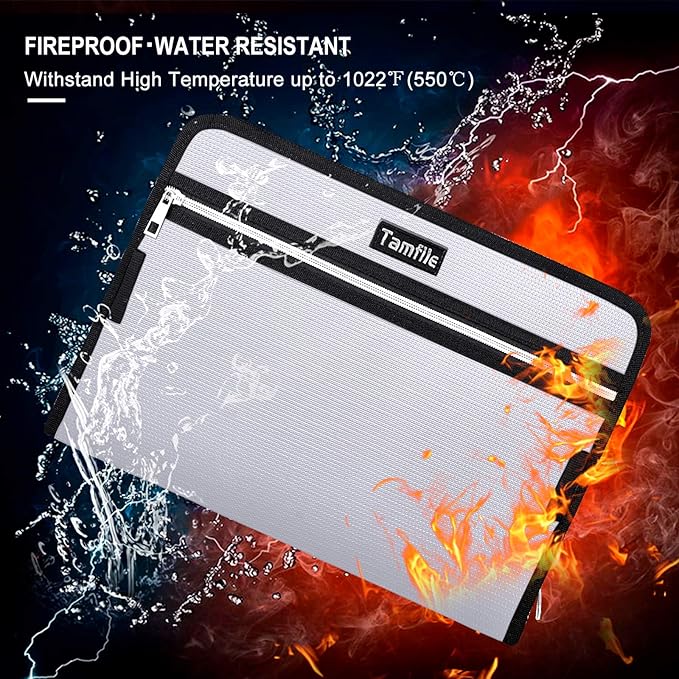 Fireproof Safe Waterproof Accordion File Bag Folder Expanding Filing Folder with 14 Multicolored Pockets, A4 Letter Size, Document Organizer Holder and Color Labels /2 Zipper (Silver 14.3" x 9.8") - Image 2