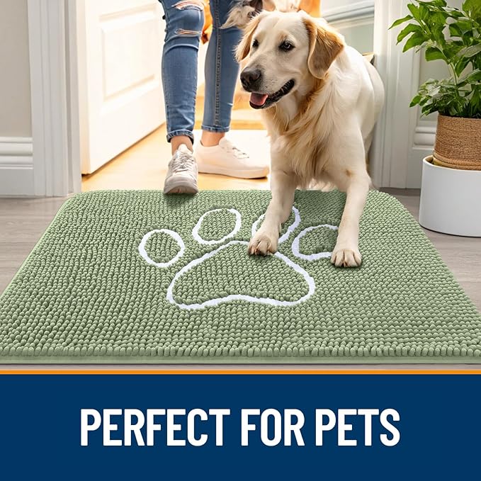 OLANLY Dog Door Mat for Muddy Paws 70x24, Paw Print Design, Absorbs Moisture and Dirt, Non-Slip Washable Doormat, Quick Dry Chenille Mud Mat for Dogs, Entry Indoor Entryway Carpet, Sage Green - Image 6