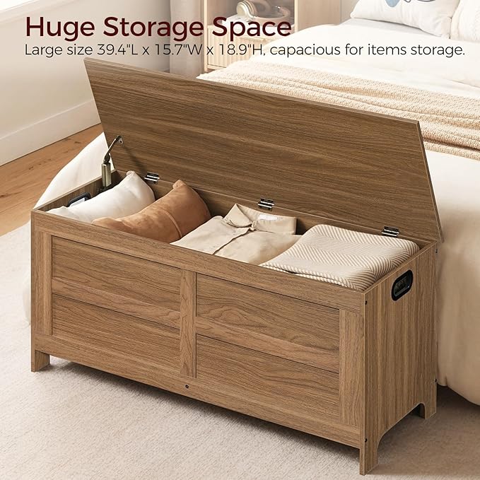 Storage Chest, 39.4” Large Toy Chest, Entryway Storage Trunk, Storage Bench with Safety Hinge, Entrance Bench for Living Room, Entrance, Bedroom, Honey Brown SCOR48301 - Image 5