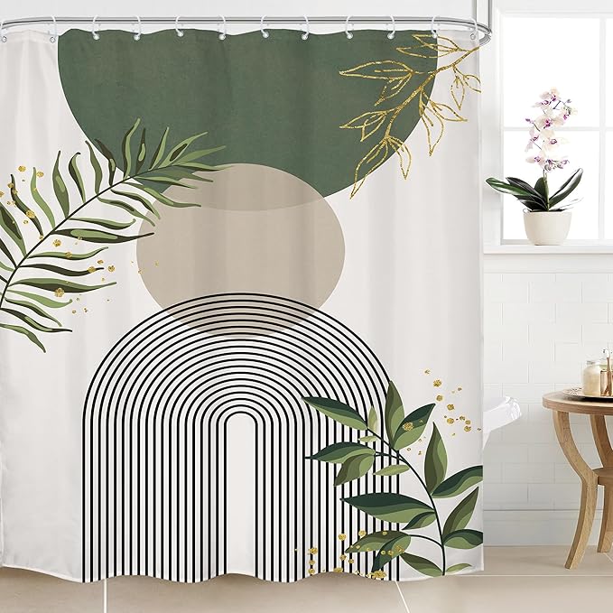 Green Boho Shower Curtain 72Wx96H Extra Long Mid Century Modern Abstract Green Gold Minimalist Leaves Sun Arch Bathroom Decor Geometric Plant Bath Curtain Fabric Polyester 12 Pack Hooks by MitpokBrand