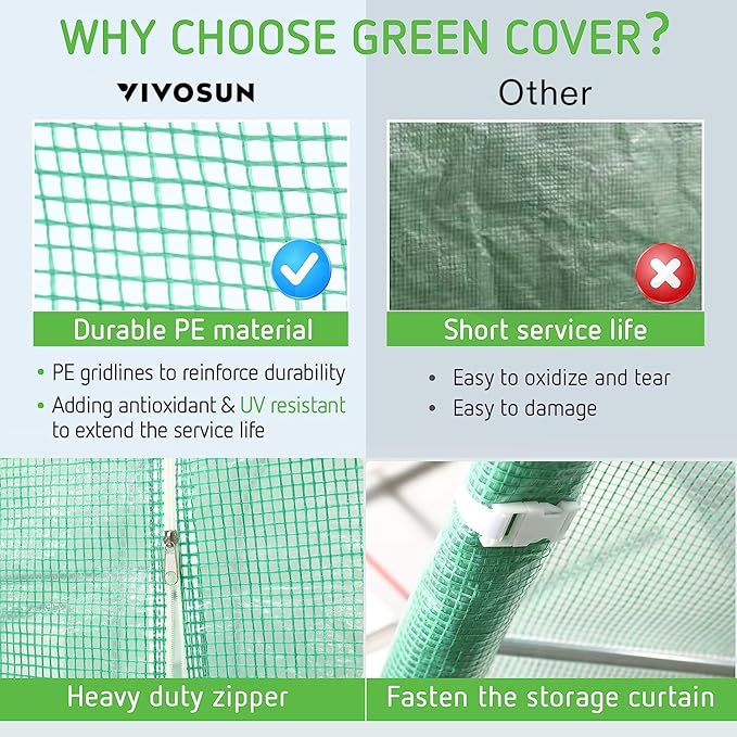 VIVOSUN 20x10x7 Ft. Large Walk in Greenhouse, Greenhouse Tunnel, Garden Plant Hot House with Green PE Cover, Roll-up Zipper Door and Window for Outdoor - Image 6