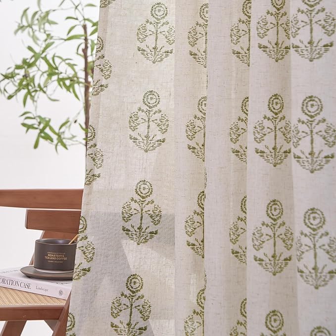 jinchan Linen Floral Curtains for Living Room 63 Inch Length Green Flower Cottage Core Farmhouse Curtains Rod Pocket Back Tab Boho Semi Sheer Window Drapes Bedroom Set 2 Panels Green on Beige - Image 3