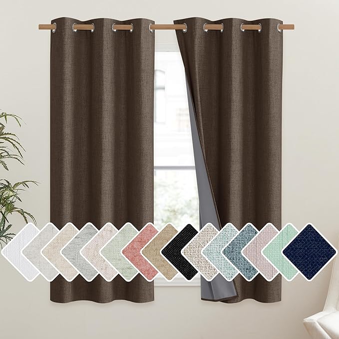 NICETOWN Coffee Vintage Linen 100% Blackout Curtains for Dining Room, Thermal Insulated Curtains 45" Long, Noise Reducing Window Treatment Drapes for Kitchen, 42" Wide Per Panel, Set of 2 by NICETOWN