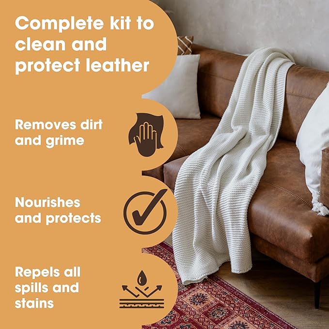 Furniture Clinic Large Leather Care Kit | Leather Cleaner + Conditioning Protection Cream for Furniture | Two 17oz Bottles + 1 Sponge & 1 Cloth | Restore Leather Couches, Car Seats, Jackets, & Boots - Image 2