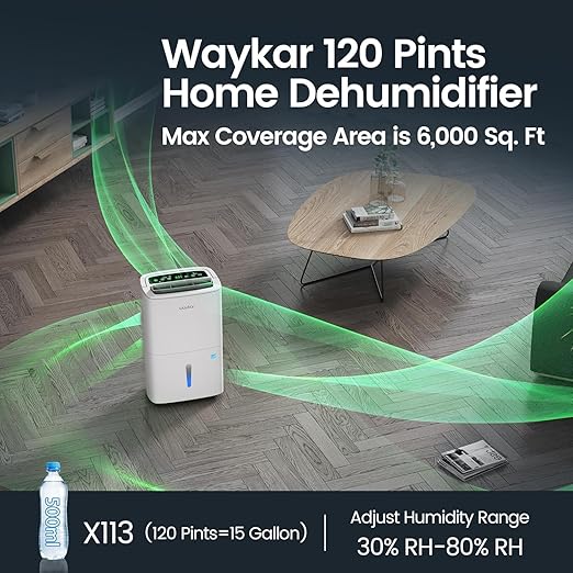 Waykar 120 Pints 2025 Energy Star Home Dehumidifier for Spaces up to 6,000 Sq. Ft, Ideal for Basement, Bathroom and Large Room with Drain Hose, Portable, Auto Defrost and Self-Drying - Image 2