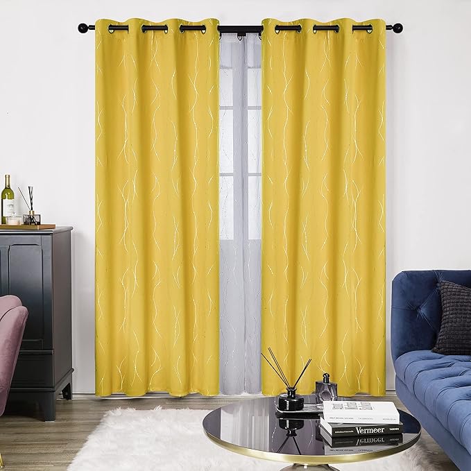 Deconovo Blackout Curtains 108 Inches Long, Yellow Drapes with Wave Dots Foil Print, Thermal Insulated Soundoroof Curtain for Living Room Bedroom, 52 x 108 Inch, Machine Washable Panels, Set of 2 - Image 2