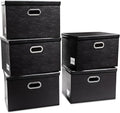 PRANDOM Foldable Storage Bins with Lids [5-Pack] Leather Fabric Collapsible Storage Boxes Organizer Containers Baskets Cube with Cover for Bedroom Closet Office Nursery Black (14.9x10.8x10) by Prandom