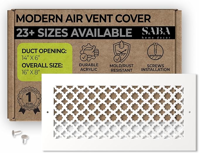 SABA Home Decor Air Vent Cover Grille - Acrylic Plexiglass 6 inch x 14 inch Duct Opening (8 inch x 16 inch Overall) White Finish Decorative Covers for Walls & Ceilings NOT for Floor USE, Venetian by SABAHomeDecor