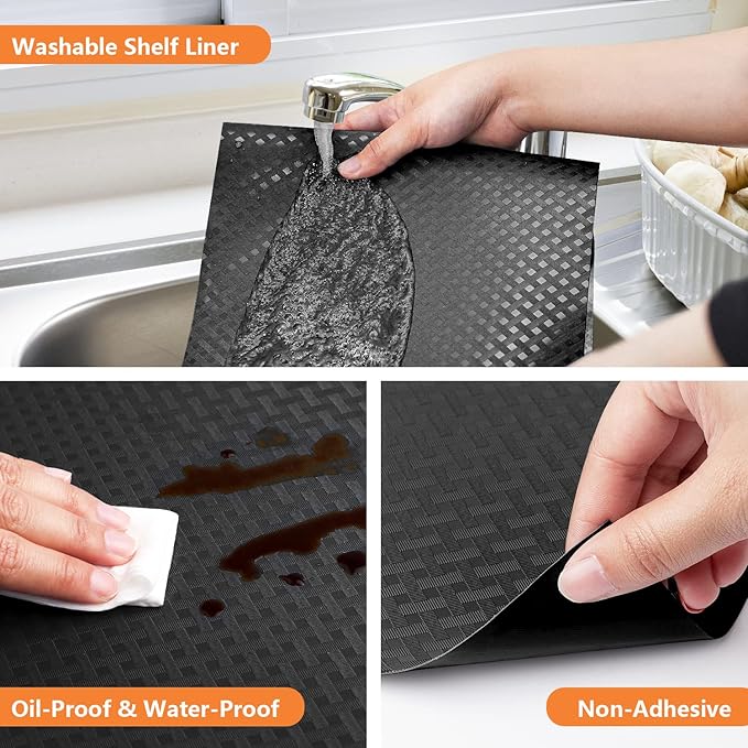 Shelf Liners for Kitchen Cabinets Refrigerator Liners Waterproof & Oil-Proof Kitchen Cupboard Liner Non-Slip Drawer Mats EVA Material Non Adhesive Fridge Liner for Shelves - Black 23.6 x 157.4 Inches - Image 3