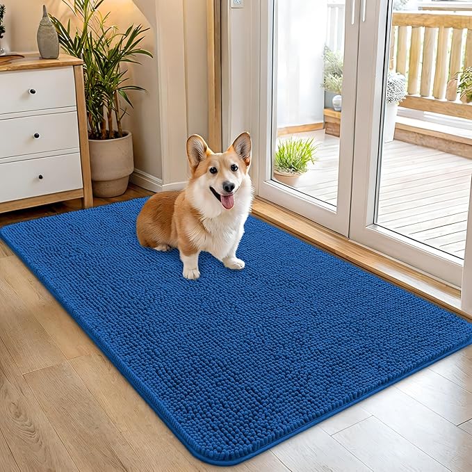 OLANLY Dog Door Mat for Muddy Paws 45x27, Absorbs Moisture and Dirt, Absorbent Non-Slip Washable Doormat, Quick Dry Chenille Mud Mat, Entry Indoor Entryway Carpet for Inside Floor, Deep Navy Blue by OLANLY