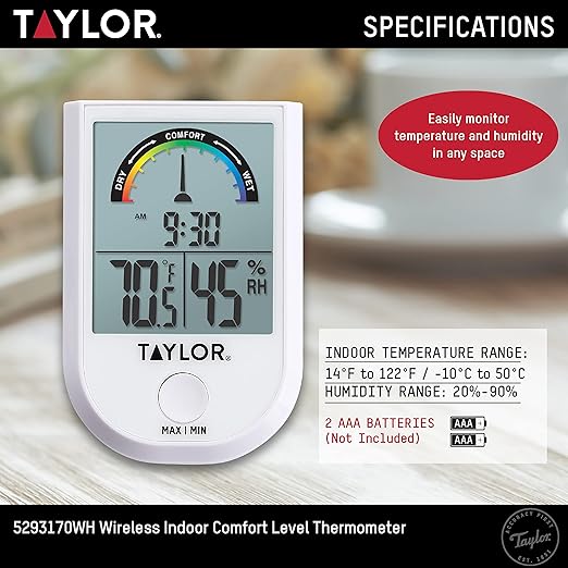 Taylor Digital Wireless Indoor Comfort Level Thermometer and Hygrometer, Easy-to-Read Display for Home, Office, Greenhouse, Nursery, and Indoor Areas, White - Image 6