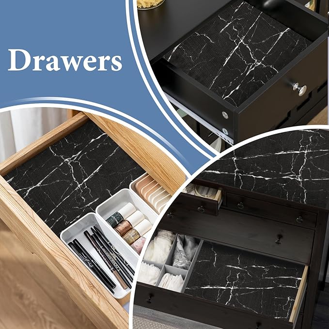 Drawer and Shelf Liner for Kitchen Cabinet: 17 in X 20 Ft Non Slip Waterproof Shelf Paper Non Adhesive Refrigerator Liners Black Marble Easy Liners for Bathroom with Knife Tape Measure - Image 5