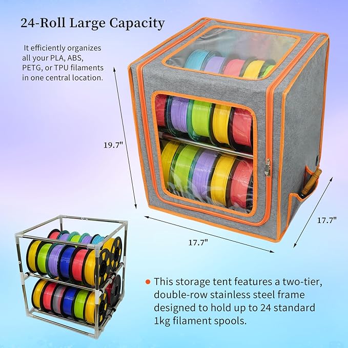 3D Printer Filament Storage Box Large, 2 Tiers Dual-Row Metal Filament Storage Rack with Fire-Resistant Enclosure Cover Tent, Holds Up to 24 Rolls of Filaments, Ideal for Home, Office Workshop, Studio - Image 2