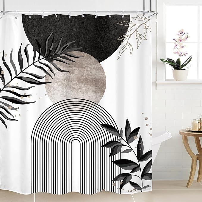 Black Grey Boho Shower Curtain 60Wx72H Bohemian Mid Century Modern Abstract Gray Gold Leaves Plant Minimalist Geometric Bathroom Decor Arch Neutral Bath Curtain Fabric Polyester 12 Pack Hooks by MitpokBrand