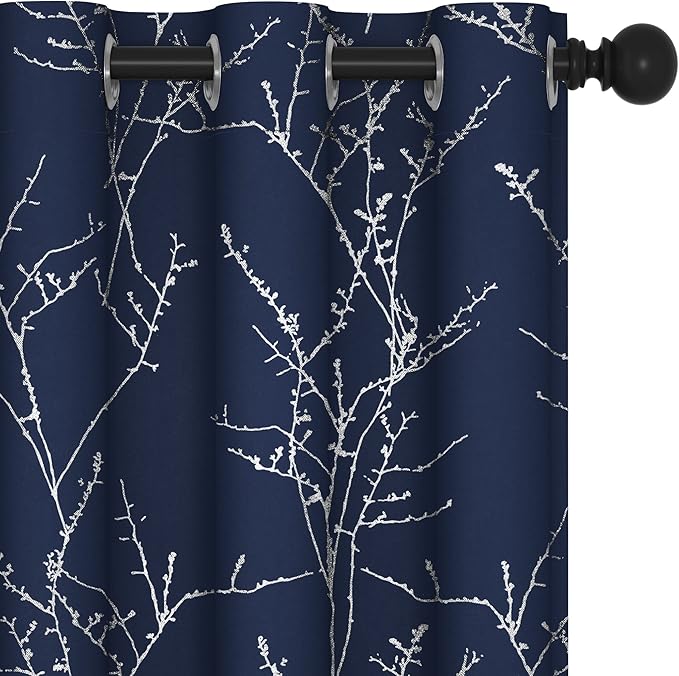 Deconovo Blackout Curtains, Navy Blue Curtain, Thermal Insulated Soundproof Drapes, Branch Silver Print, 42 x 63 Inch Long, Machine Washable Grommet Panels for Bedroom Living Room Office, Set of 2 by Deconovo