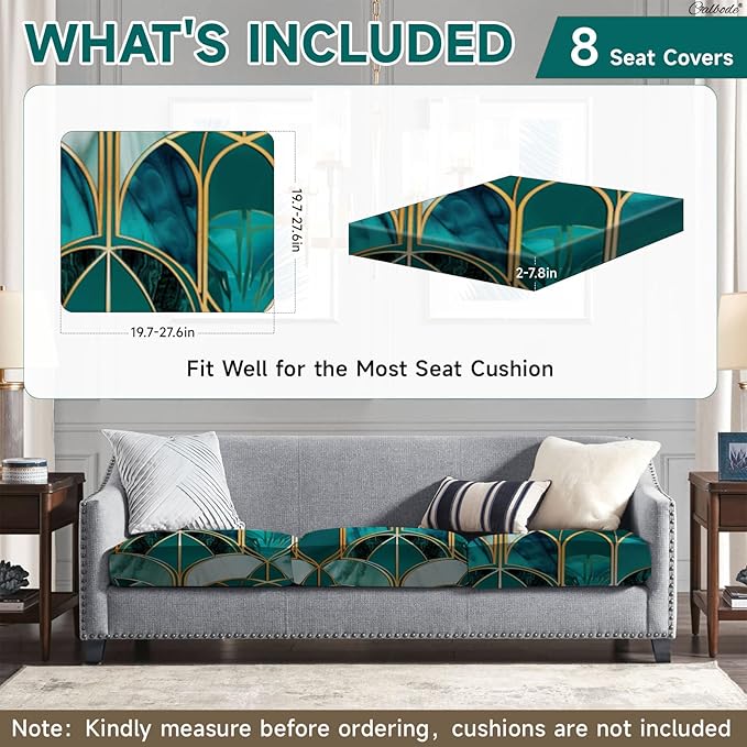 8Pcs Stretch Patio Cushion Cover, Art Deco Geometric Pattern Couch & Sofa Slipcovers for Patio Furniture Cushions Washable Reusable Couch Covers Replacement for All Season(Green, Cover Only) - Image 2