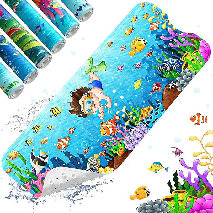 XIYUNTE Baby Bath Mat for Tub Non Slip Kids Bath Mat - 40''x16'' Extra Long Cartoon Bathtub Mat Non Slip Kids Shower Mat Eco-Friendly Toddler Bath Mats with Suction Cups, Machine Washable by XIYUNTE