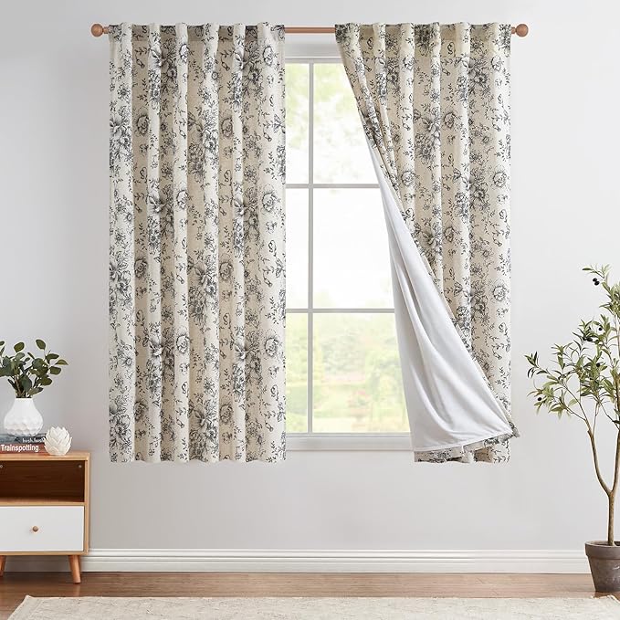 jinchan Lined Linen Blend Curtain Floral Curtains for Living Room 63 Inch Length Black Peony Flower Printed Curtain Back Tab Farmhouse Patterned Drapes Bedroom Window Curtains Set 2 Panels by JINCHAN