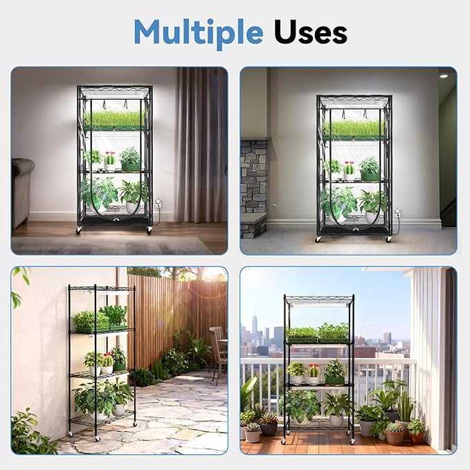 JESLED Indoor Greenhouse with Grow Light - Full Spectrum 5000K LED for Seed Starting, Tiered Lighting Control, Built-in Timer & Thermo-Hygrometer, Rolling Metal Plant Stand (23.6x13.8x59 in) - Image 8