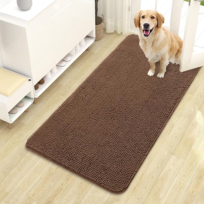 OLANLY Dog Door Mat for Muddy Paws 44x24, Absorbs Moisture and Dirt, Absorbent Non-Slip Washable Doormat, Quick Dry Chenille Mud Mat for Dogs, Entry Indoor Entryway Carpet for Inside Floor, Mocha by OLANLY