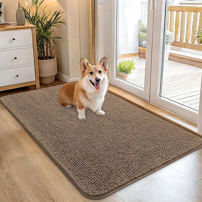 OLANLY Dog Door Mat for Muddy Paws 45x27, Absorbs Moisture and Dirt, Absorbent Non-Slip Washable Doormat, Quick Dry Chenille Mud Mat for Dogs, Entry Indoor Entryway Carpet for Inside Floor, Tan by OLANLY