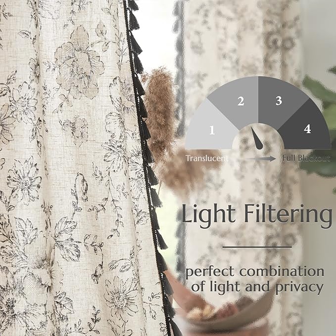 JINCHAN Linen Curtains Floral Curtains Living Room 96 Inch Long Printed Curtains Tassels Rod Pocket Back Tab Farmhouse Rustic Peony Flower Patterned Drapes Bedroom Window Curtain Set 2 Panels Black - Image 4