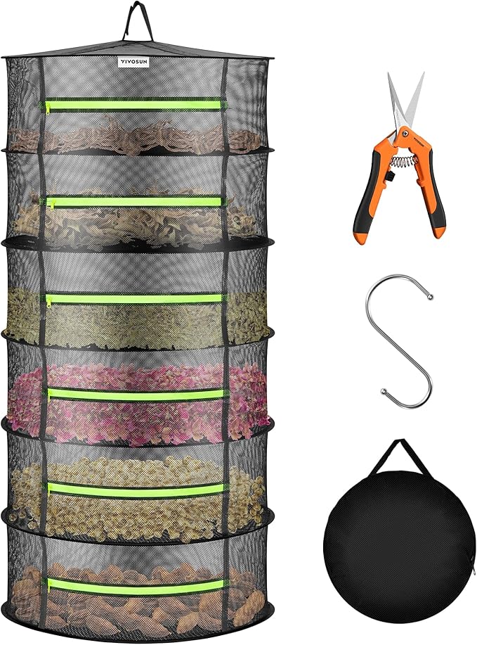 VIVOSUN 6-Layer Mesh Drying Rack Hanging Design with Green Zippers for Dehydrating, Indoor and Outdoor Pruning Shears Included by VIVOSUN