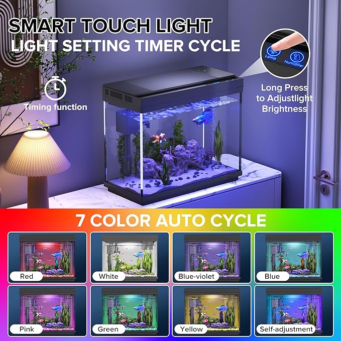 Fish Tank 2.4 Gallon Aquarium with Heater, 3-in-1 Silent Pump with Filteration & Oxygenation & Circulation, 7-Color Timer Cycle Light, Temperature Display, Humidifier, HD Glass Fish Bowl - Image 4