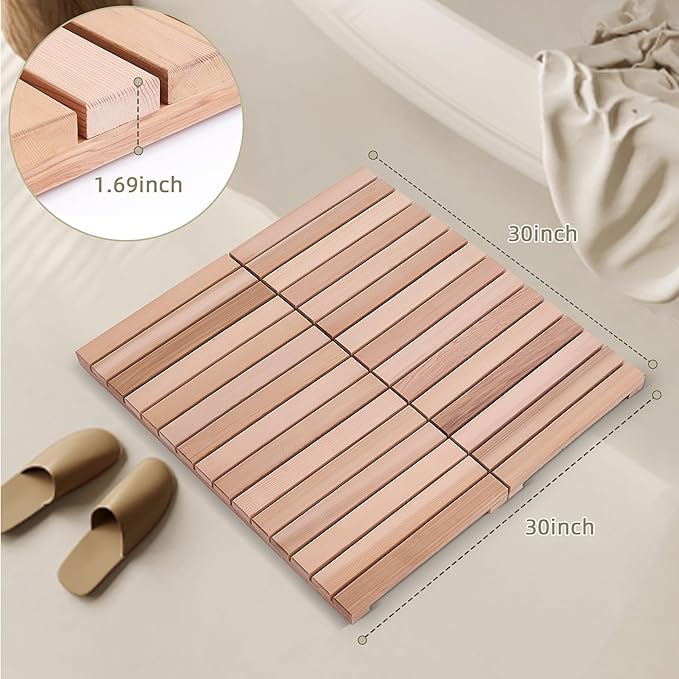 bingaai Cedar Wood Shower Mat, Cedar Wooden Bath Mats, 30" Square Mat, Foldable Wood Bath Mat Non-Slip for Bathroom Bathtub Spa Sauna Garden Home, Wooden Floor Mat Large for Indoor and Outdoor - Image 5