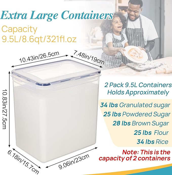 Vtopmart 9.5L 2 Pack Extra Large Flour Sugar Storage Containers for 25lbs flour, Airtight Kitchen Pantry Organization Canisters with Lids for Bulk food, Rice, Baking Supplies, BPA Free, Black - Image 2