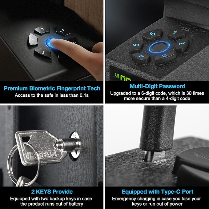Gun Safe for Handgun, Drop Down Biometric Pistol Safe, 3 Ways Quick Access with Fingerprint/PIN Code/KEY, Single GunSafe for Nightstand Bedside Home,Wall, Dresser - Image 5