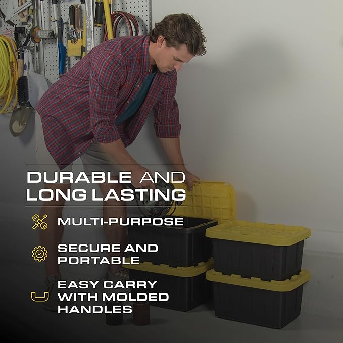 BLACK & YELLOW, 5-Gallon Heavy Duty Tough Storage Container & Snap-Tight Lid, (8.6"H x 12.3"W x 16.4"D), Weather-Resistant Design and Stackable Organization Tote [6 Pack] - Image 6
