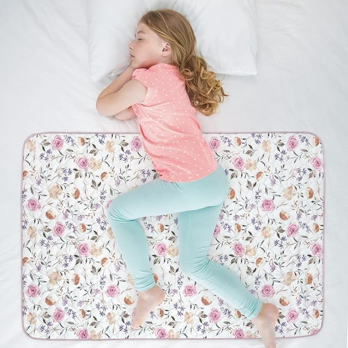 Organic Incontinence Pads for Kids & Toddlers - 5 Layer Waterproof Protectors for Overnight Bed Wetting - Reusable & Washable Pee Pads - Fits Twin to Full Size Beds - 34" x 52" Flower by Wovenx