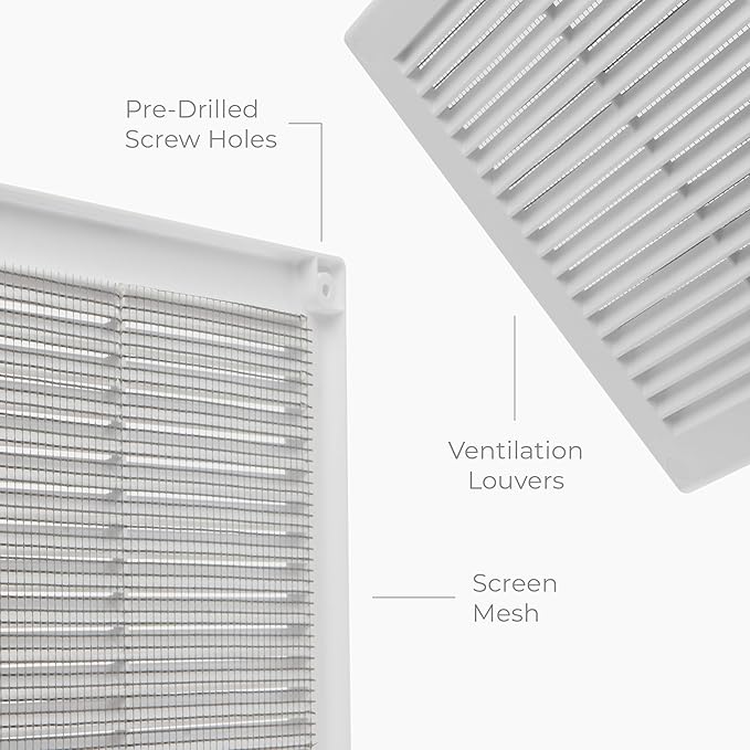 8" x 8" (Outer Size) Square Air Vent Cover – White Plastic Vent Deflector - Screen Mesh, Surface Mount Wall Ceiling – Cold Air Return Soffit Air Vent Cover - Register Indoor Outdoor - Image 7