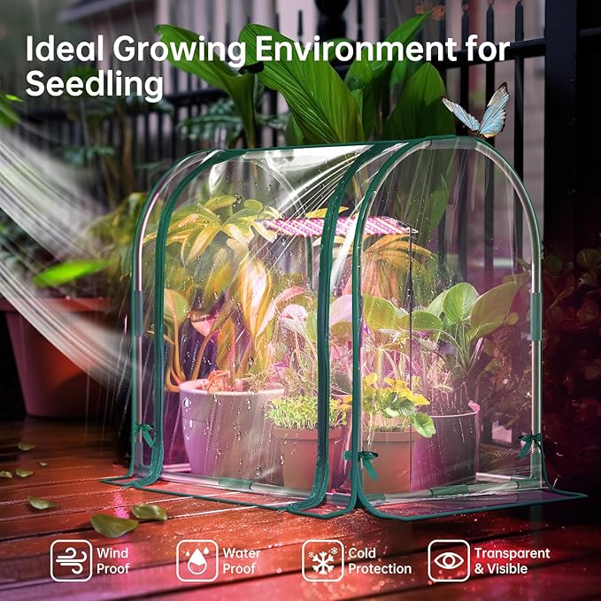 Bstrip Mini Indoor Greenhouse with Grow Lights, 27.2" L X 19.9" W X 27.2" H Desktop Small Greenhouse with Zippered Door and PVC Cover for Seed Starting, 1.6FT Plant Light for Indoor Plants with Timer - Image 2
