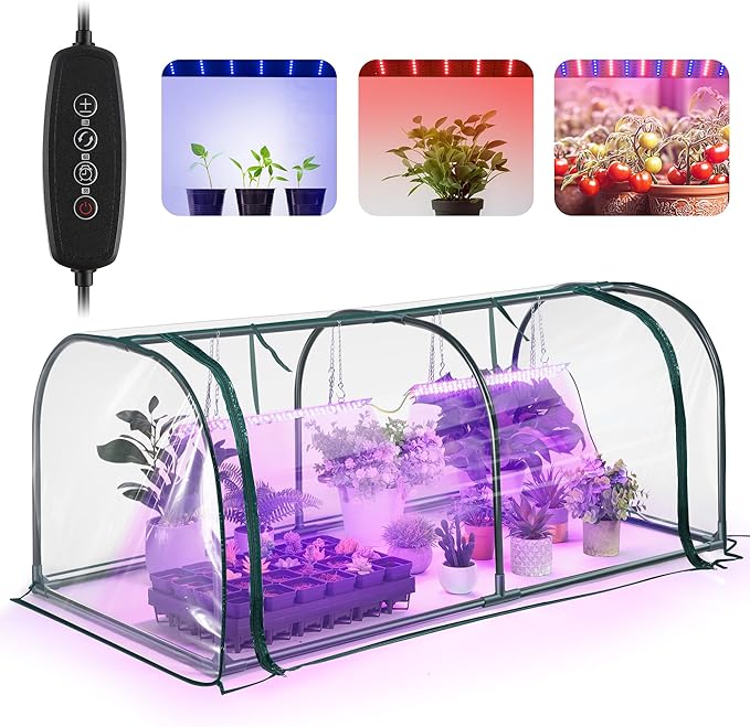 Meonum Mini Greenhouse with Grow Light, 51.18 "L x 25.59" W x 21.65" H Portable Greenhouses Waterproof UV-Resistant for Indoor/Outdoor Seed Starting(Dome Shape) by Meonum