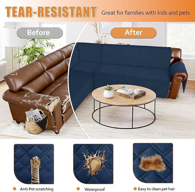 Arfntevss Waterproof Sectional Couch Covers L Shape Washable Velvet Sofa Cover for Sectional Non Slip Large Corner Slipcovers Dog 6 Pcs Universal U Shaped Furniture Protector (Dark Blue, Large) - Image 7