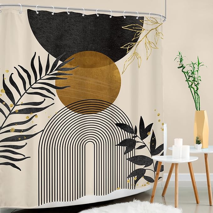 Black Boho Shower Curtain 60Wx72H Modern Bohemian Abstract Brown Tan Mid Century Gold Leaves Plant Botanical Arch Bathroom Decor Minimalist Geometric Bath Curtain Fabric Polyester 12 Pack Hooks - Image 3
