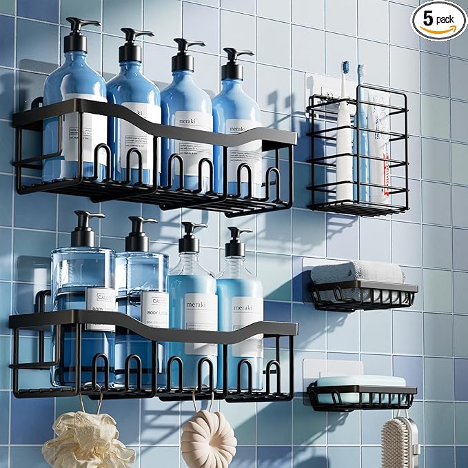 EUDELE 5-Pack Rustproof Stainless Steel Shower Caddy Set– No Drill Adhesive Bathroom Organizer, Space-Saving Shower Shelves for Apartment Essentials, Bathroom/Kitchen Storage Home Decor-L Size by EUDELE