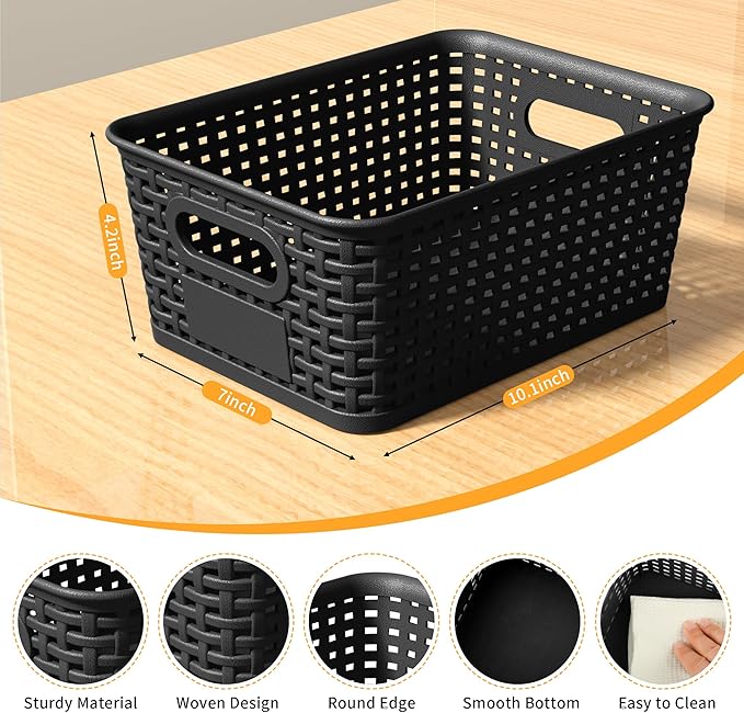 Black Plastic Storage Baskets - Pack of 8 with Labels Stackable Durable Storage Bins, Storage Containers for Organizing Desktops, Closets, Playrooms, Classrooms, Offices - Image 2