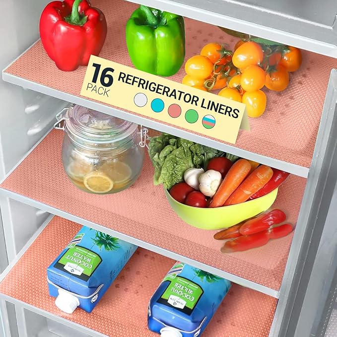 Refrigerator Liners for Shelves (16 Pack) by Linda’s Essentials - Non-Adhesive Shelf or Drawer Liner, BPA-Free Fridge Mats for Kitchen & Cabinets, Easy to Clean, Ideal Household Essentials (Pink) by LindasEssentials