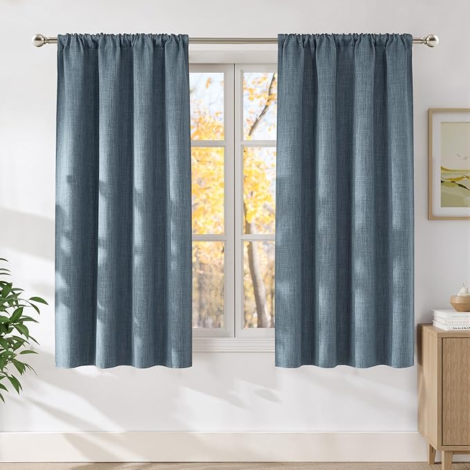 NICETOWN Mist Blue Faux Linen Room Darkening Rod Pocket Curtains 63 inch Length, W42 x L63, Light Blocking Thermal Insulated Noise Reducing Drapes for Bedroom Living Room Farmhouse Decor, 2 Panels by NICETOWN