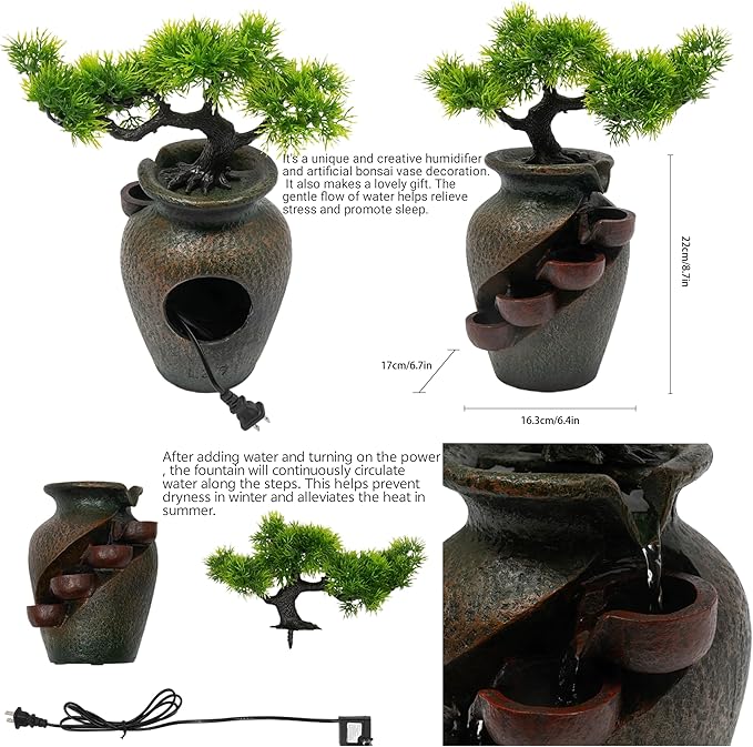 8.7inch Vase Type Artificial Bonsai Tree Fake Plant Mini Tabletop Waterfall Fountain with Water Flow, Indoor Desktop Decoration for Office Restaurant Coffee Home Decor or Festival Birthday Surprise - Image 3
