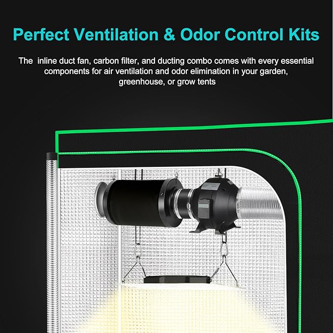 MELONFARM Air Filtration Kit, 4" 190 CFM Inline Duct Fan with Speed Controller, 12" High Carbon Filter, 8 Ft Ducting & Rubber Coupler, Air Cooling and Filtration Kit for Grow Tent, Hydroponics - Image 9
